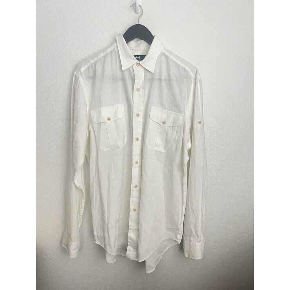 Vtg Polo Ralph Lauren Shirt Mens L Ivory Safari Military Epaulets Utility Sport